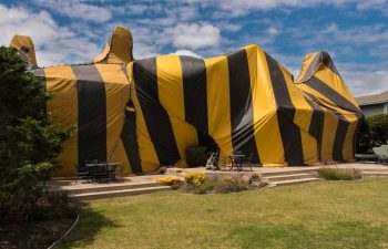 A house covered by a yellow and black tent for fumigation.