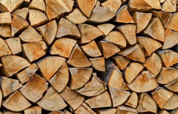 A steady amount of neatly stacked firewood on a rack outdoors.